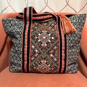 America and Beyond boho beaded tote, black, white, pink & coral